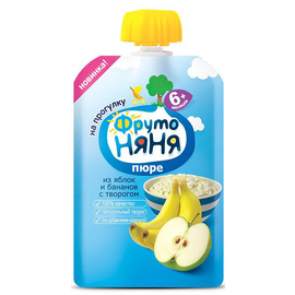 ФрутоНяня Пюре яблочно-банановое с творогом и сахаром для питания детей раннего возраста 90 г.