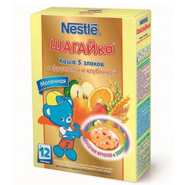 Nestle® Шагайка® Каша молочная 5 злаков с фруктами и клубникой (с 12 мес.), 200 грамм