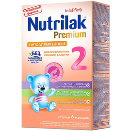 Нутрилак (Nutrilak) Premium Гипоаллергенный 2
Смесь сухая гипоаллергенная на основе частично гидролизованных сывороточных белков, с 6 мес.